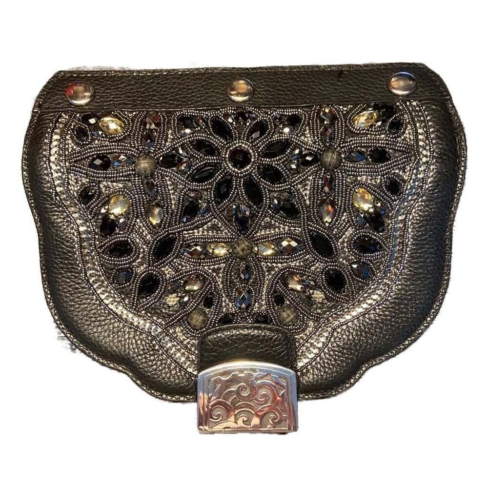 Brighton Anju Black Leather Pewter Gunmetal Snappy Minibag Flap h8109